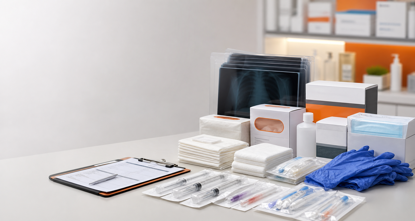 Produk alat kesehatan disposable tersusun rapi untuk kebutuhan klinik dan rumah sakit